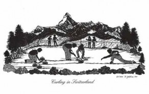 Ein Bild aus vergangenen Zeiten. Vier Curling Spieler sind auf dem Eis zu sehen. Im Hintergrund ist das Matterhorn abgebildet.
